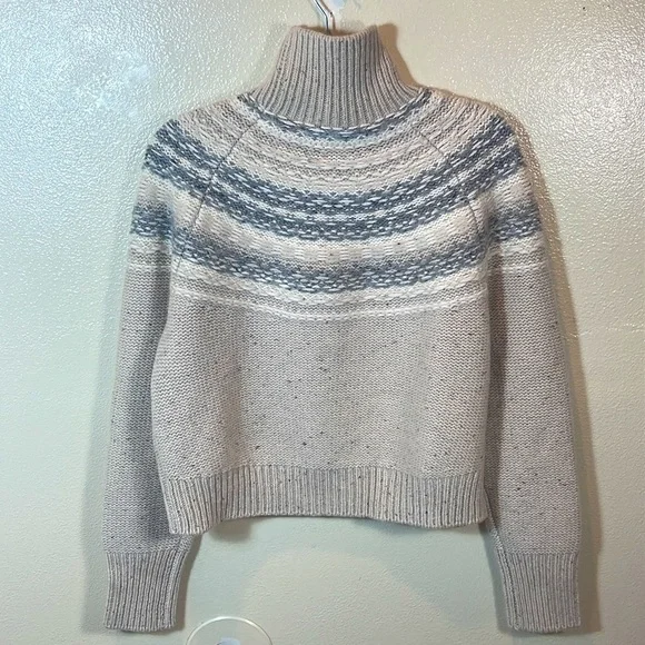 Vince Fair Isle Cropped Wool Cashmere Turtleneck Sweater In Oatmeal size Medium - Picture 7 of 12